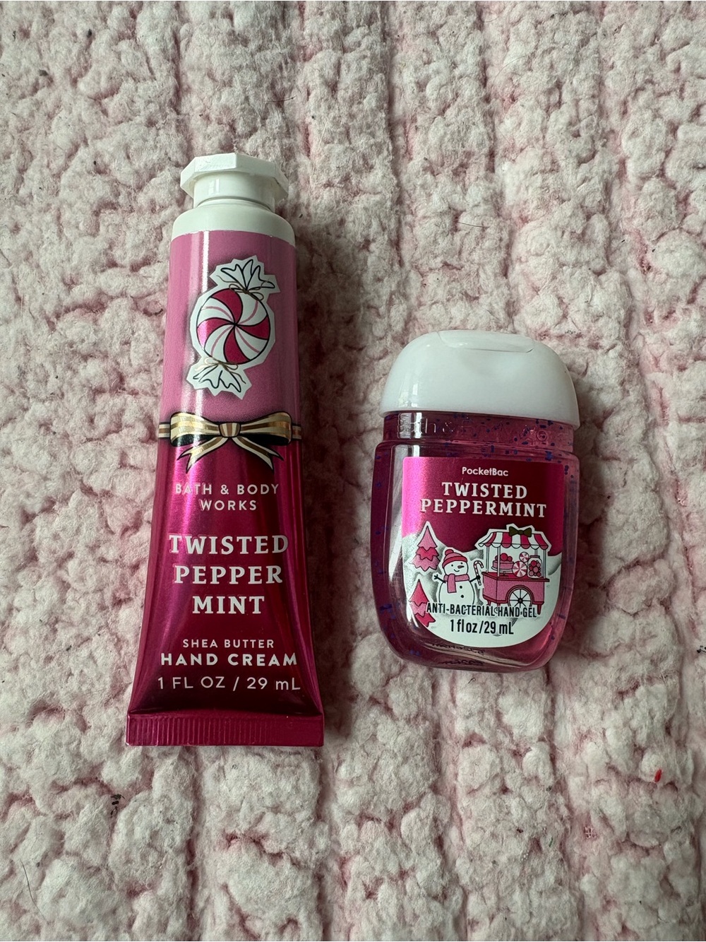 Bath & Body Works Twisted Peppermint Hand Cream & PocketBac Gel - Pink